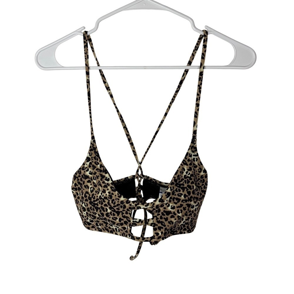 Relleciga Metallic Leopard Womens Bikini Top Lace Up Front Cross Back Tan Black